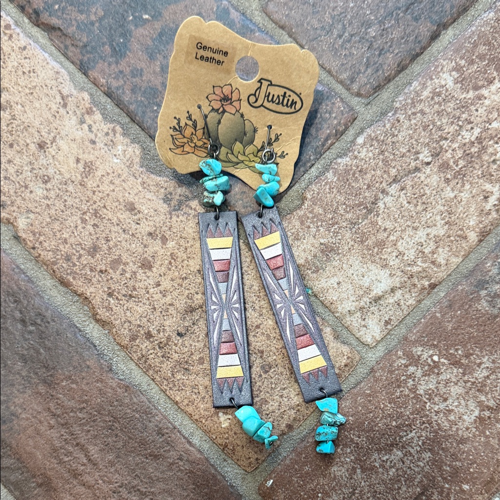 Justin Boots Turquoise And Brown Leather Earrings
